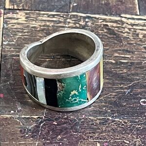 Navajo artisan made men’s Multi-Stone Inlay Silver Wide Band Ring - Sz 11
